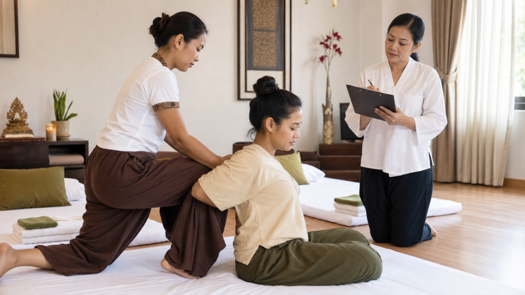 Thai massage therapist candidate completing a practical skills test observed by a senior trainer