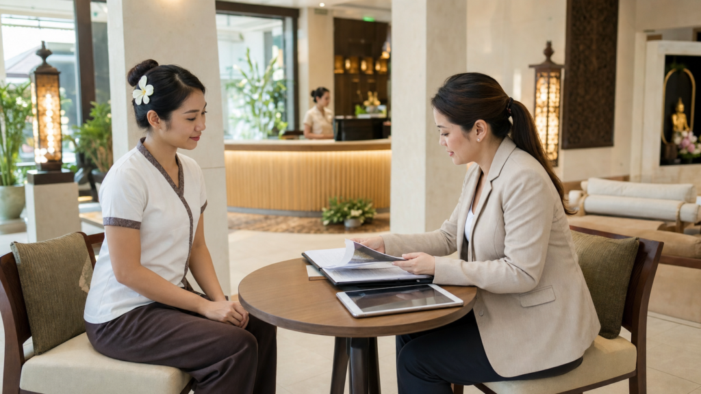 Thai spa therapist candidate in a professional recruitment interview with a wellness recruiter