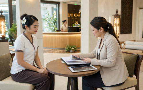 Thai spa therapist candidate in a professional recruitment interview with a wellness recruiter