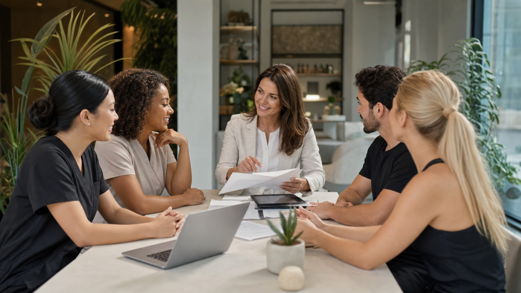Wellness professionals and a recruiter reviewing career options and salary benchmarks