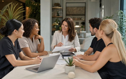 Wellness professionals and a recruiter reviewing career options and salary benchmarks