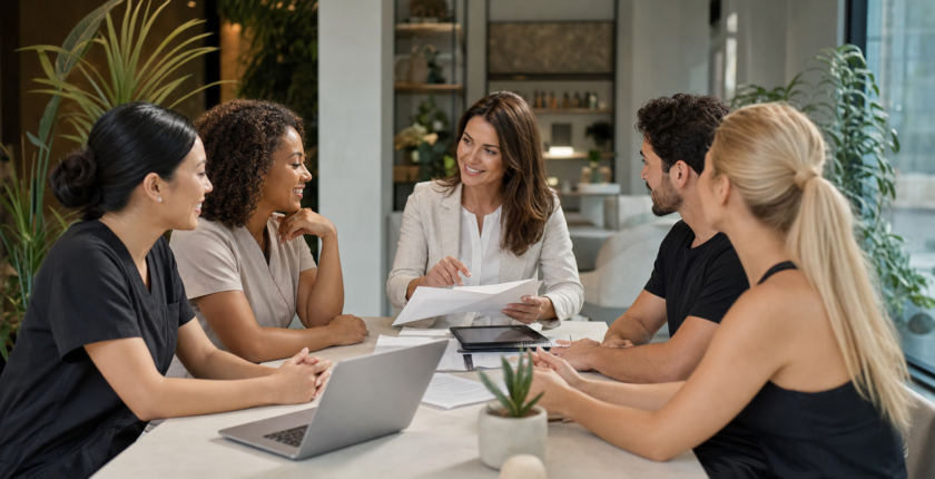Wellness professionals and a recruiter reviewing career options and salary benchmarks