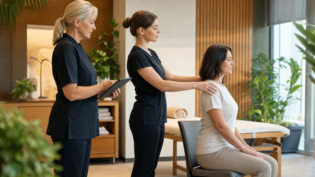 Spa trainer observing a fully clothed wellness therapist candidate during a professional skills assessment