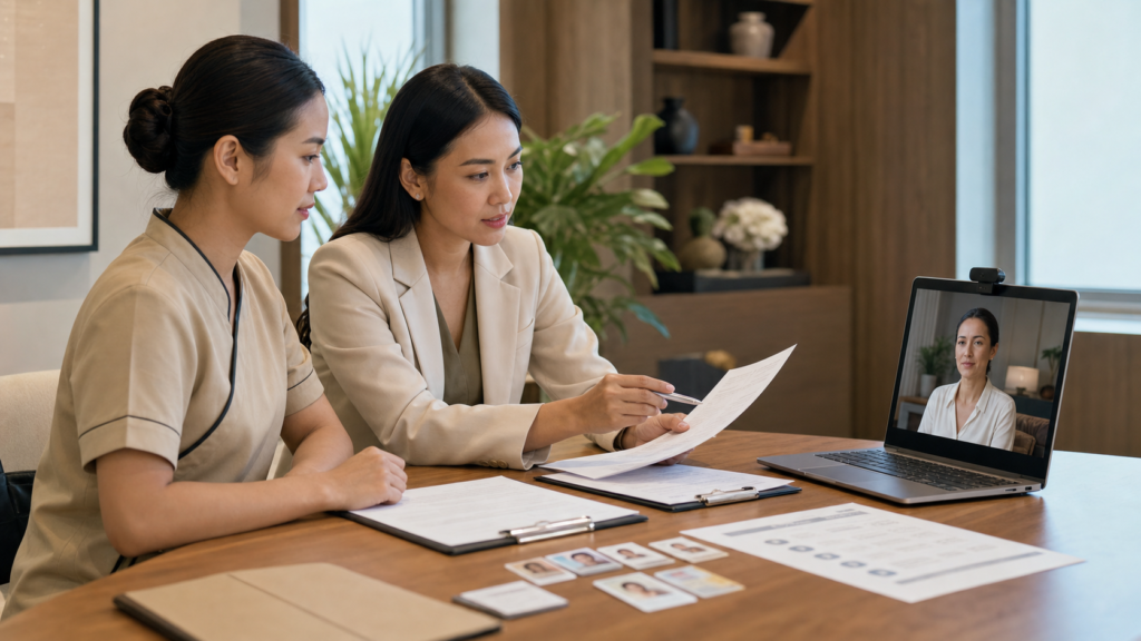 Thai spa therapist and bilingual recruiter reviewing an international employment offer with a spa director by video call