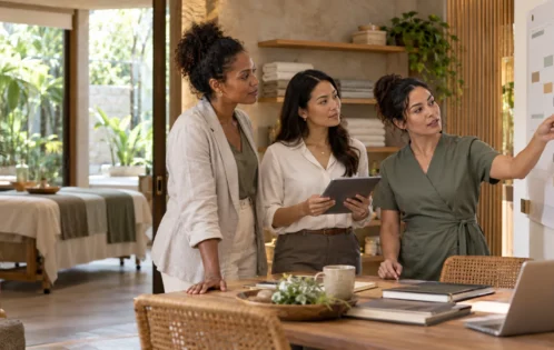 Spa manager, human resources lead and massage therapist review a workforce schedule together